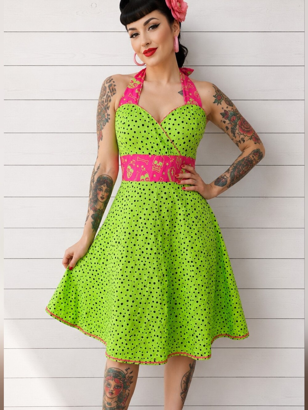 Sourpuss Mojo Retro Halter Swing Dress in Neon Green and Hot Pink Size M